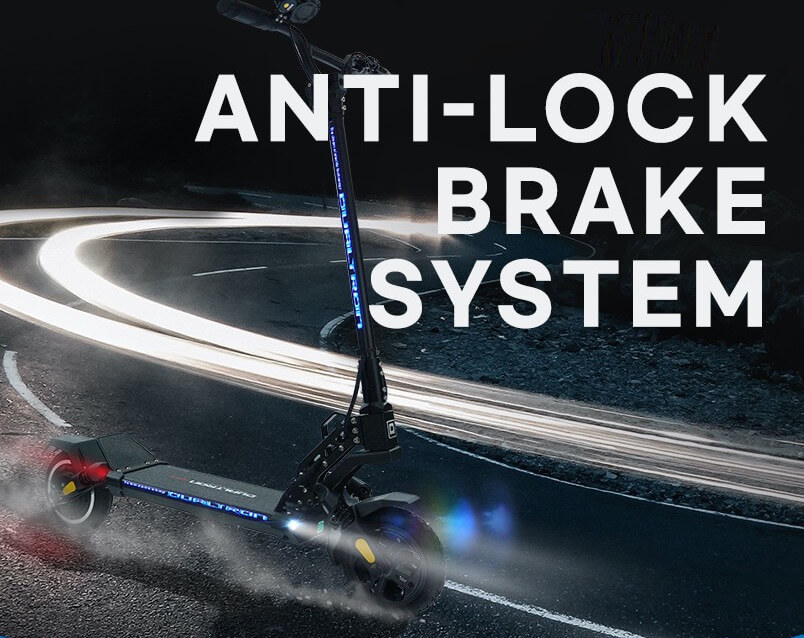 Dualtron Mini Dual Brake ABS Illustrative image of the Dualtron Mini Dual Brake electric scooter riding on a dark, curving road at night with illuminated LED accents and motion light trails around it, showcasing advanced braking performance and stability.