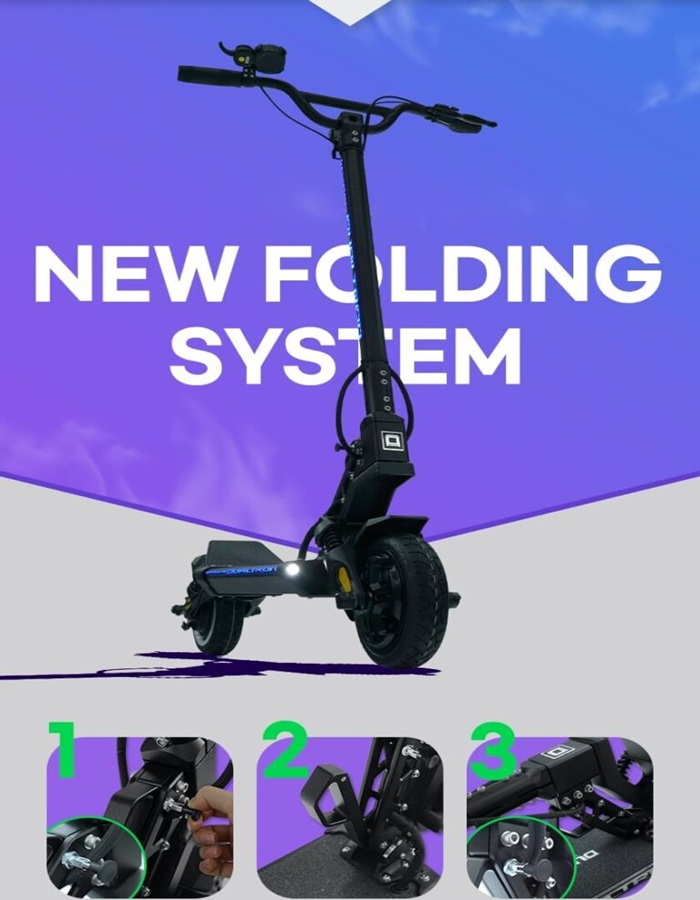 Dualtron Mini Dual Brake folding system Dualtron Mini Dual Brake electric scooter showcased against a purple background, highlighting its upgraded folding mechanism. The main image shows the full scooter, while three smaller panels below display close-ups of the folding components and latch system in use.