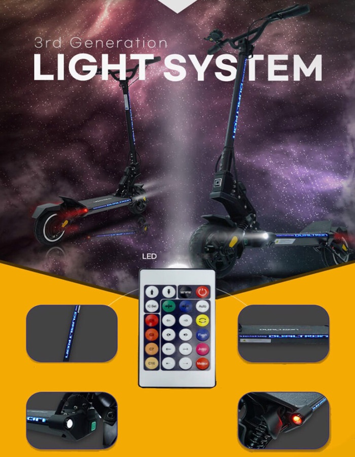 Dualtron Mini Dual Brake light system Two Dualtron Mini Dual Brake electric scooters displayed in a cosmic-themed background, showcasing advanced LED lighting along the stem and deck. A remote control is shown in the center, surrounded by close-up images of the scooter’s front light, deck LEDs, and rear light.