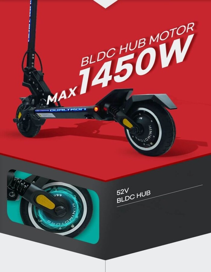 Dualtron Mini Dual Brake motor Dualtron Mini Dual Brake electric scooter with a sleek black and blue design, featuring large tires and visible rear suspension. The image emphasizes the scooter’s powerful motor and sturdy build, set against a red background.