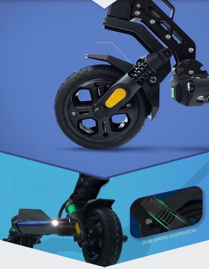 Dualtron Mini Dual Brake front wheel and suspension system Image showing the front wheel and suspension system of the Dualtron Mini Dual Brake electric scooter against a blue background. The design highlights the dual-spring suspension with visible shock absorbers and reflectors.