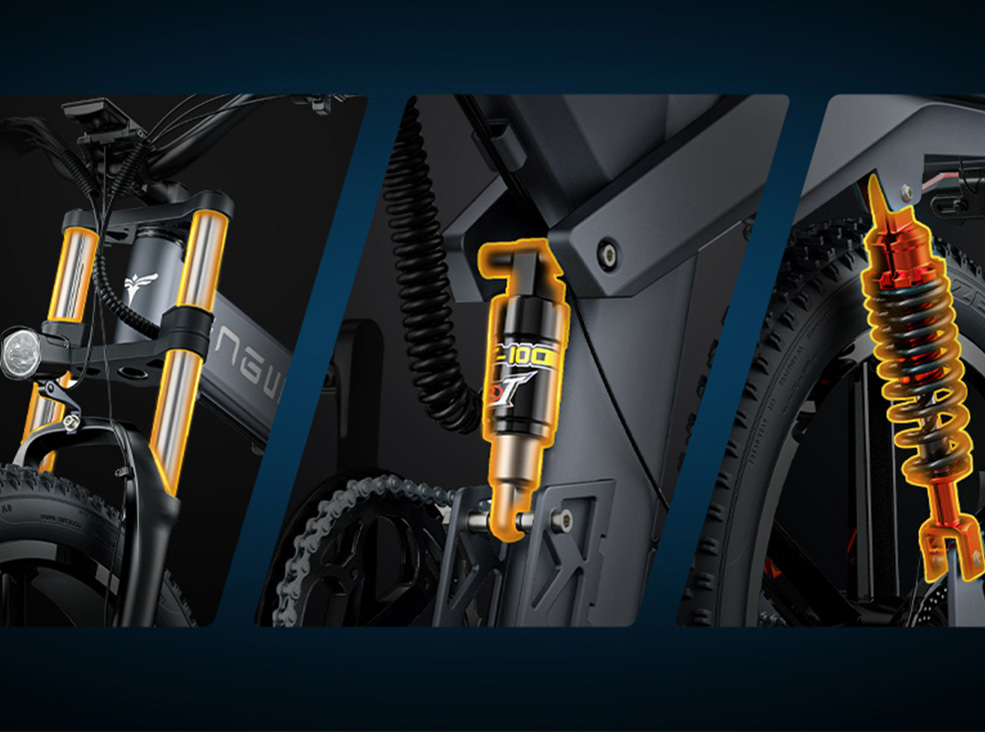 Illustrative image of the Engwe X26 electric bicycle's triple suspension system.