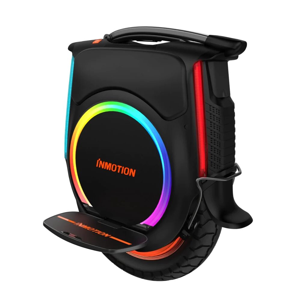 Rear left side angled view of the Inmotion V12 electric unicycle with RGB lighting.