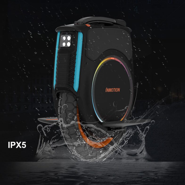 Illustrative image showing the Inmotion V12 electric unicycle's IPX5 water resistance.