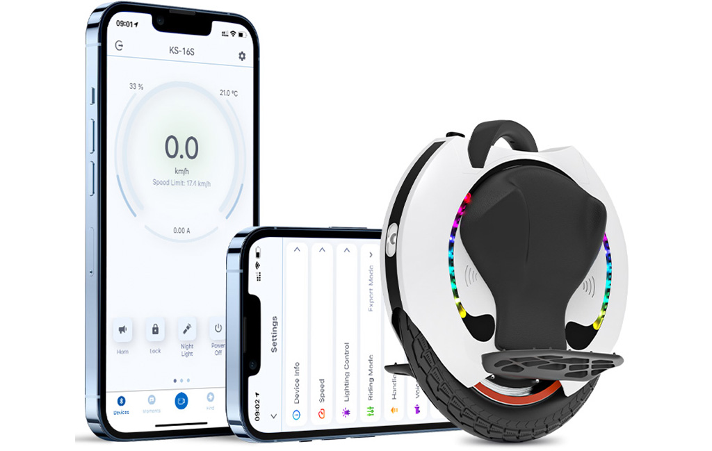 Illustrative image of the Kingsong KS-16S electric unicycles app interface.