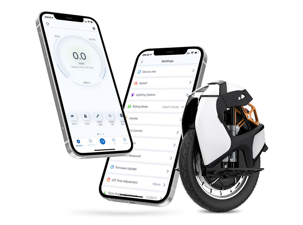 Illustrative image showing the Kingsong S18 Pro+ electric unicycle's app interface.