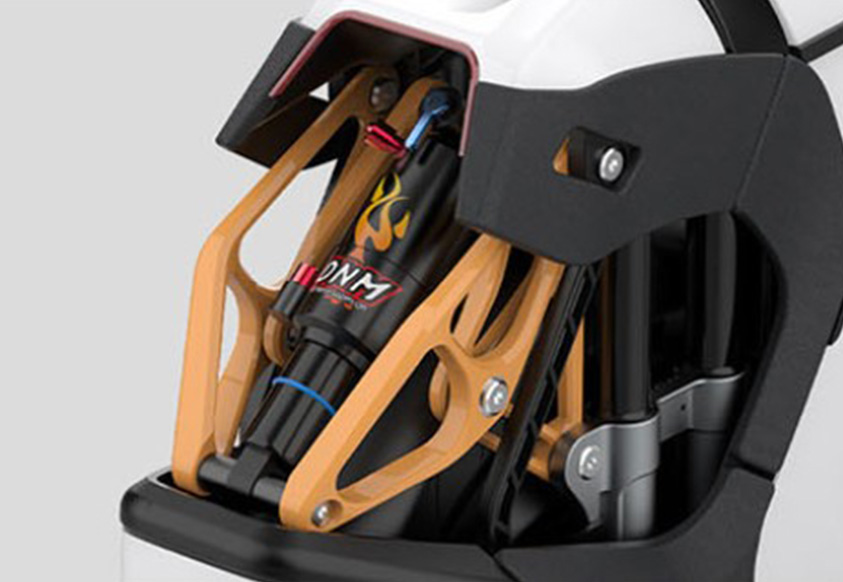 Close-up of the Kingsong S18 Pro+ electric unicycle's adjustable suspension.