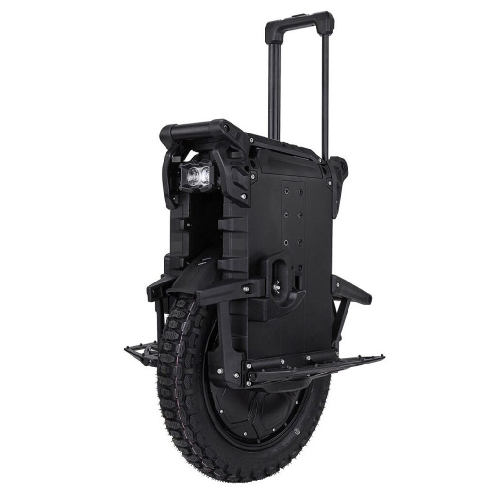 Veteran Patton S -sähköyksipyörän vasemman puolen kulmakuva, kuljetuskahva ulos vedettynä.