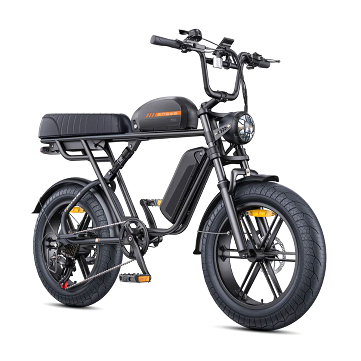 Elektrijalgratas ENGWE M1 must kahe akuga, vaade küljelt Küljelt nurga alt vaade mustale kahe akuga ENGWE M1 elektrijalgrattale