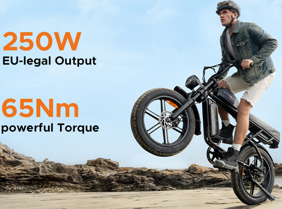 engwe-m1-lifestyle2 Man performing a wheelie on the black ENGWE M1 fat-tire electric bike on rocky terrain, with text highlighting “250W EU-legal output” and “65Nm powerful torque.”