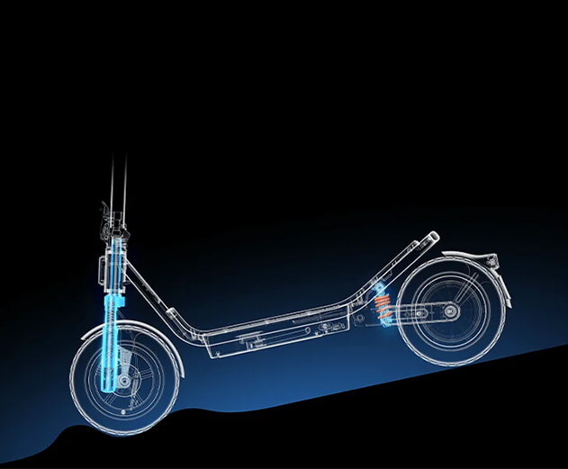 Illustrative image of the Xiaomi 6 electric scooter's front and rear suspension system.