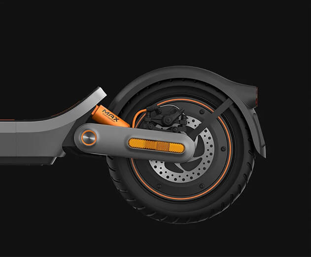 Close-up view of the Xiaomi Scooter 6 Max electric scooter's kicktail and rear wheel.