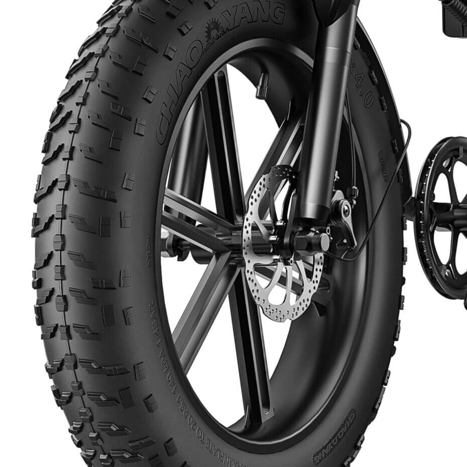 Close-up of the Engwe EP-2 Boost electric bicycle's disc brakes.