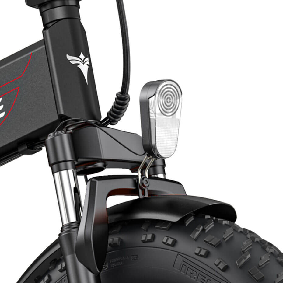 Close-up of the Engwe EP-2 Boost electric bicycle's front light.