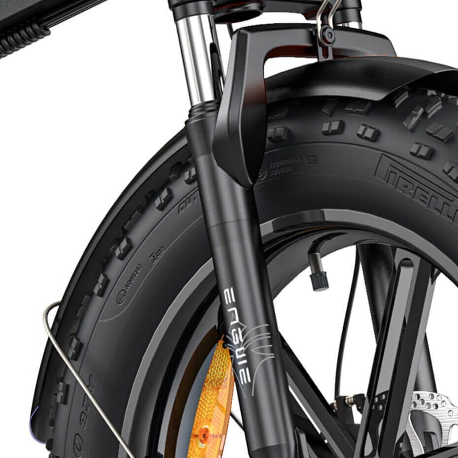 Close-up of the Engwe EP-2 Boost electric bicycle's front suspension.