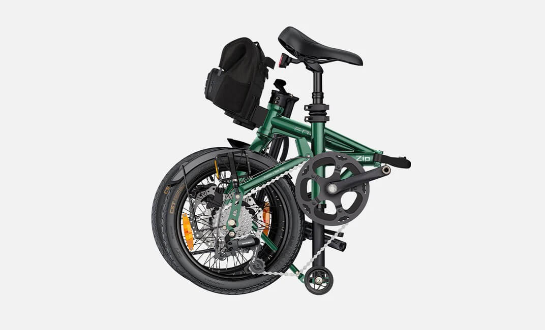 Side view of the folded green ENGWE Zip electric bike.