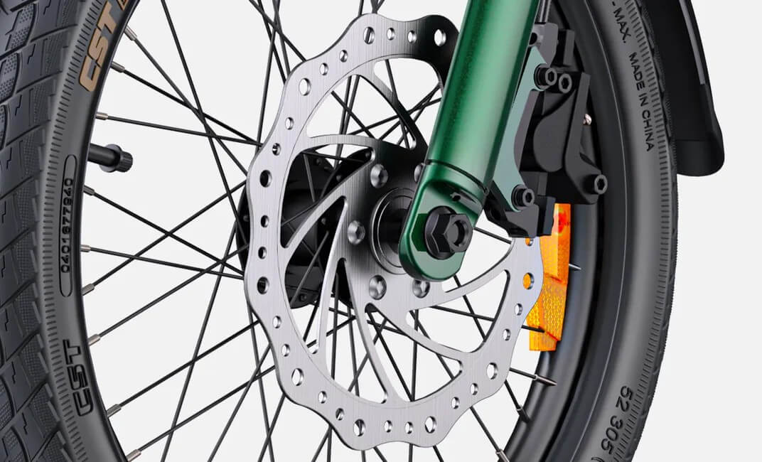 Close-up view of the Engwe Zip electric bike's hydraulic brakes.