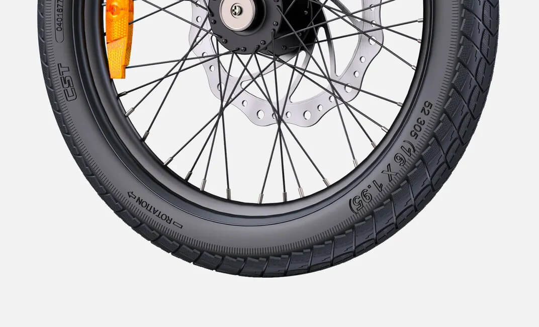 Close-up view of the Engwe Zip electric bike's 19-inch tires.