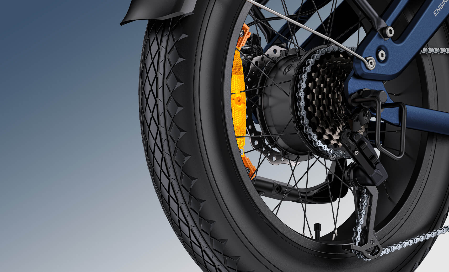Close-up of the ENGWE Engine Pro 3.0 Boost electric bicycle's fat tires.