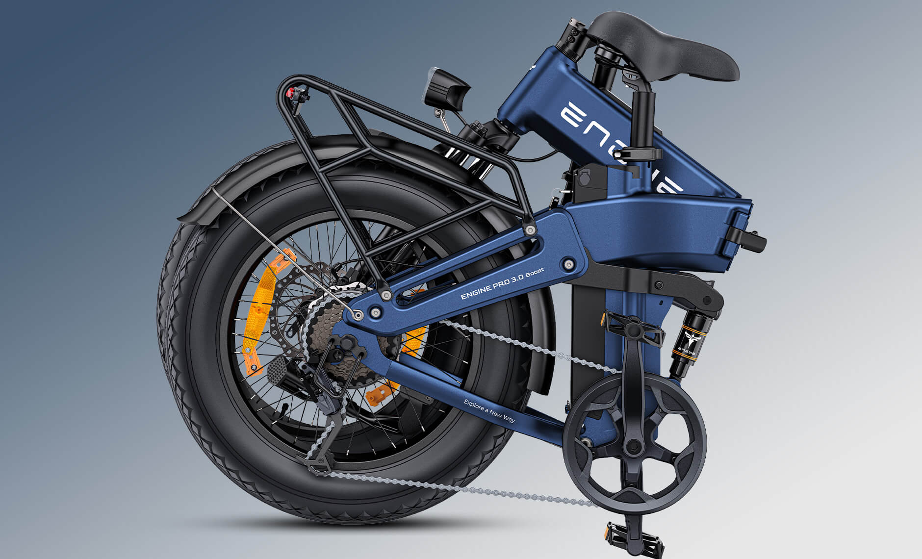 Close-up of the ENGWE Engine Pro 3.0 Boost electric bicycle's foldable design