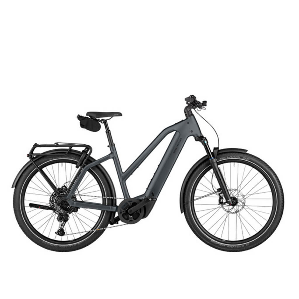 Front side view of the slate grey Riese & Müller Charger5 Mixte electric bike.