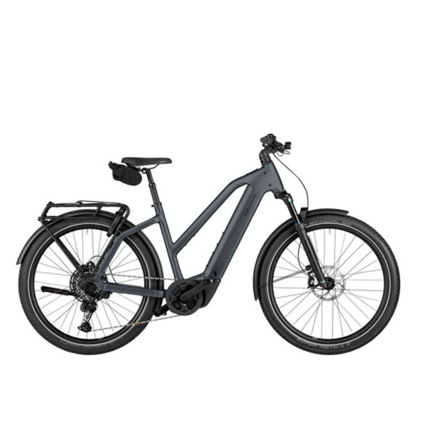 Riese & Müller Charger5 Mixte -sähköpyörä liuskekivenharmaana viistosti edestä kuvattuna.