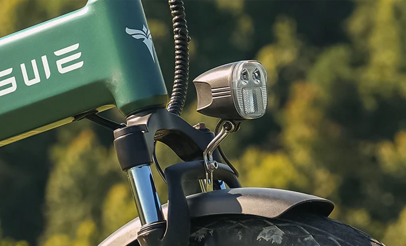 Close-up view of the Engwe EP-2 3.0 Boost forest green electric bike's front light.