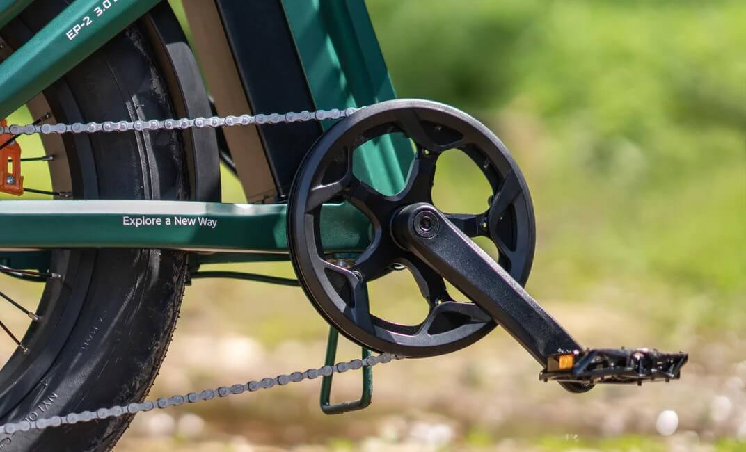 Close-up view of the Engwe EP-2 3.0 Boost forest green electric bike's torque sensor.