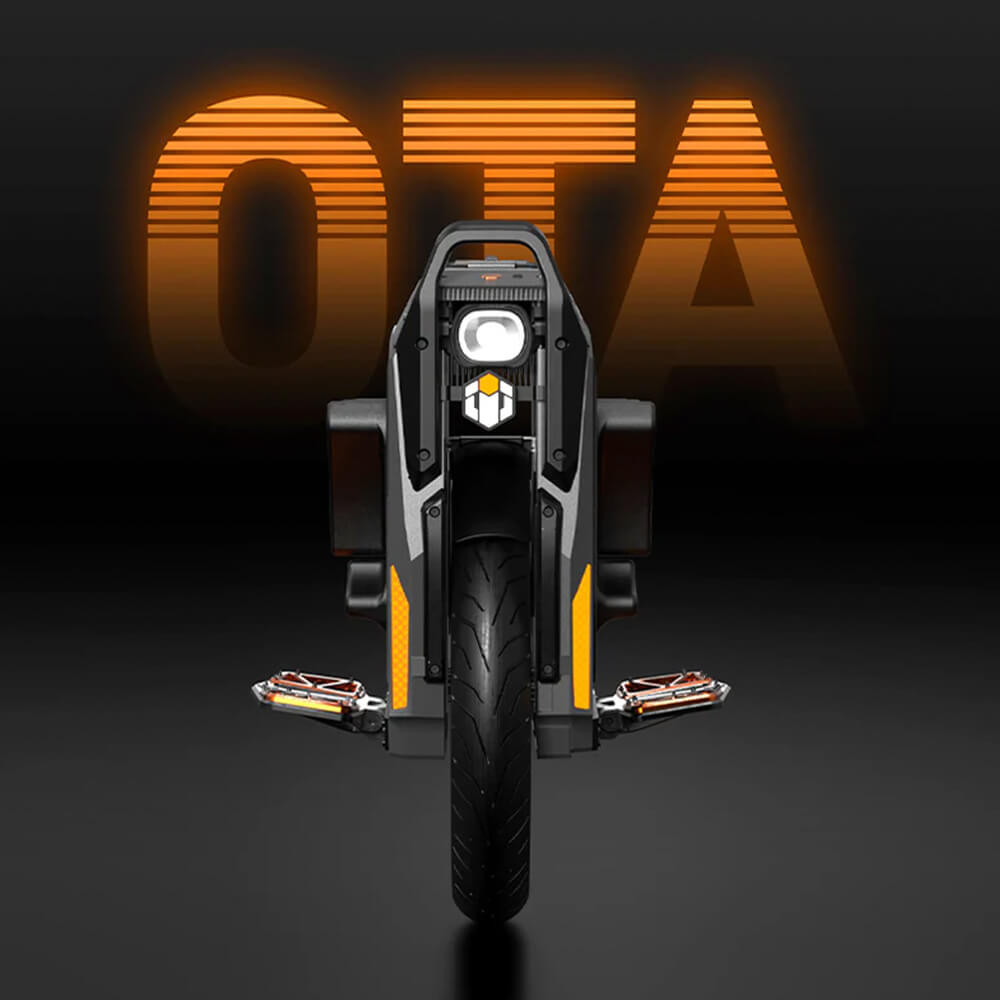 Front view of the InMotion P6 electric unicycle featuring a powerful LED headlight, wide tire, folding pedals, and rugged off-road design with OTA firmware update highlighted in the background.