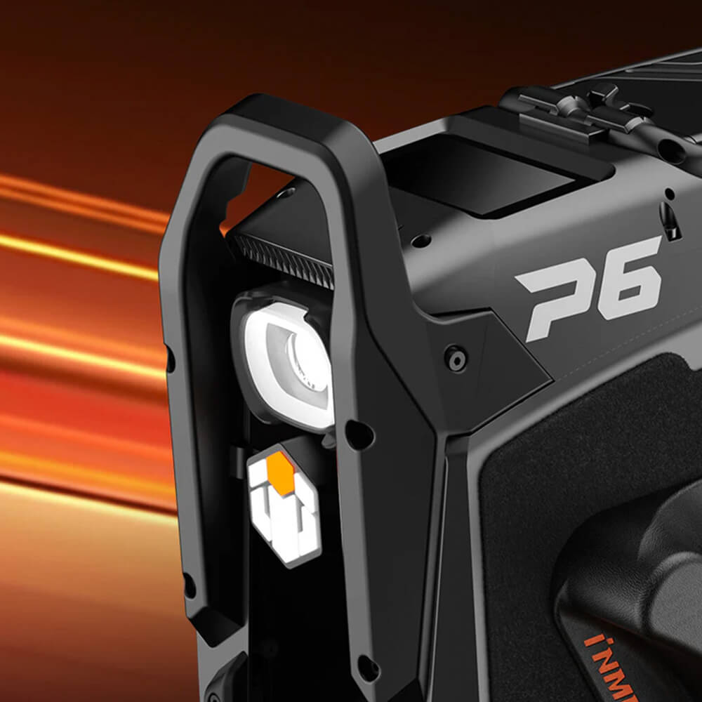 Close-up of the InMotion P6 electric unicycle highlighting its powerful LED headlight, protective front bumper, and rugged off-road construction designed for enhanced visibility and durability.