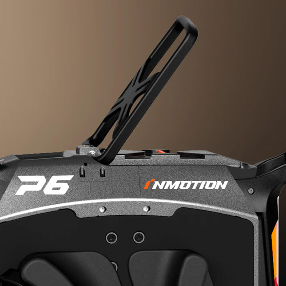 Close-up of the InMotion P6 electric unicycle with its integrated telescopic trolley handle extended, making the wheel easy to transport when not riding.