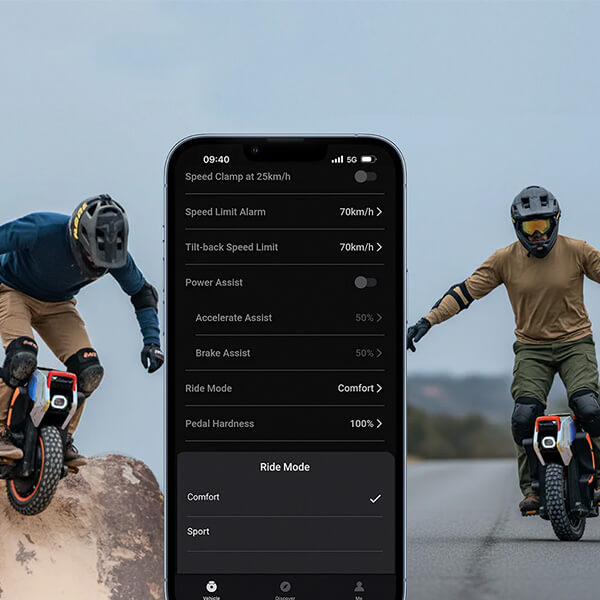 InMotion V14 Pro lifestyle 3 Illustrative image demonstrating the Sport and Comfort modes of the InMotion V14 Pro electric unicycle.