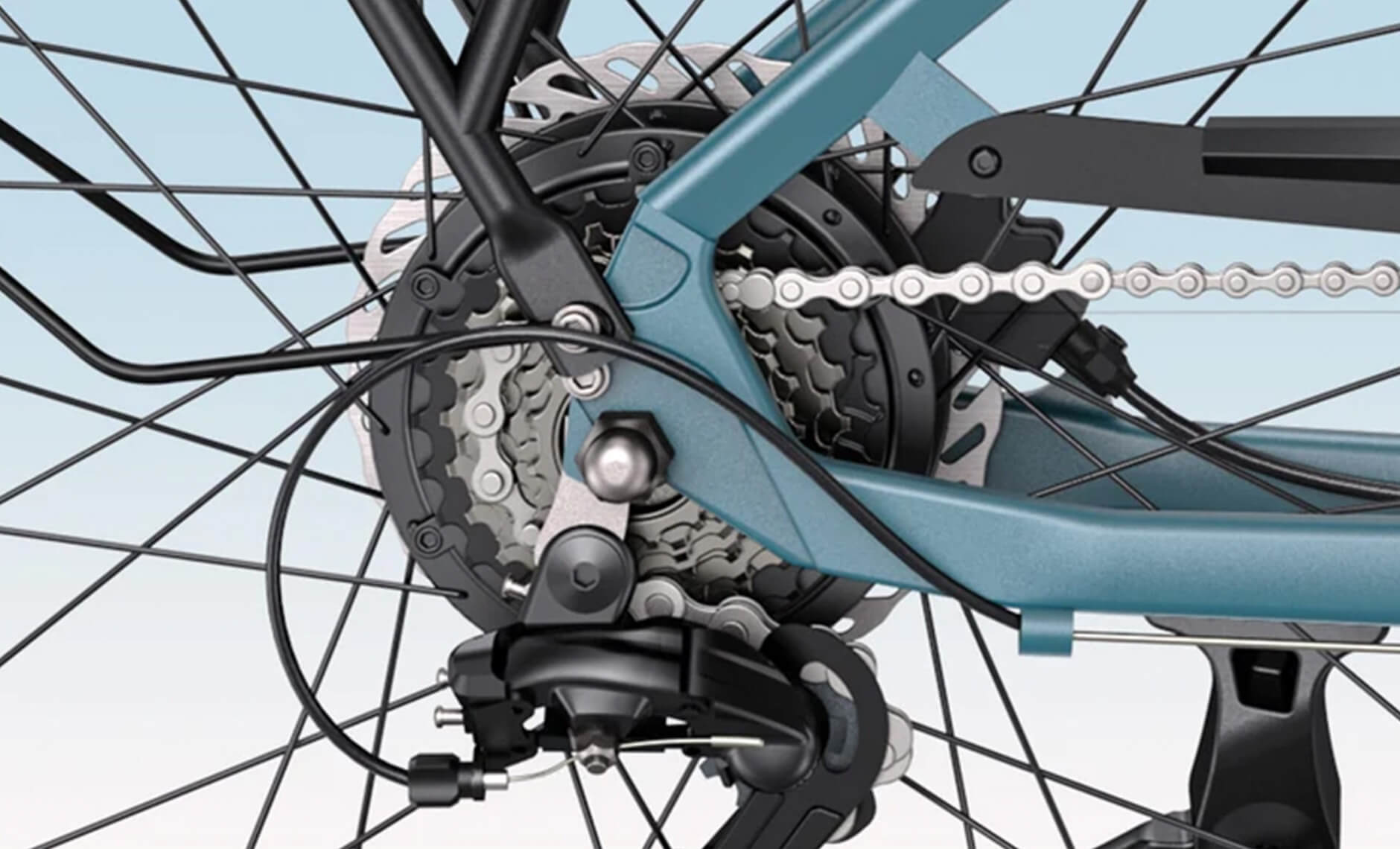 Close-up of the ENGWE P275 SE electric bicycle's Shimano 7-speed system.