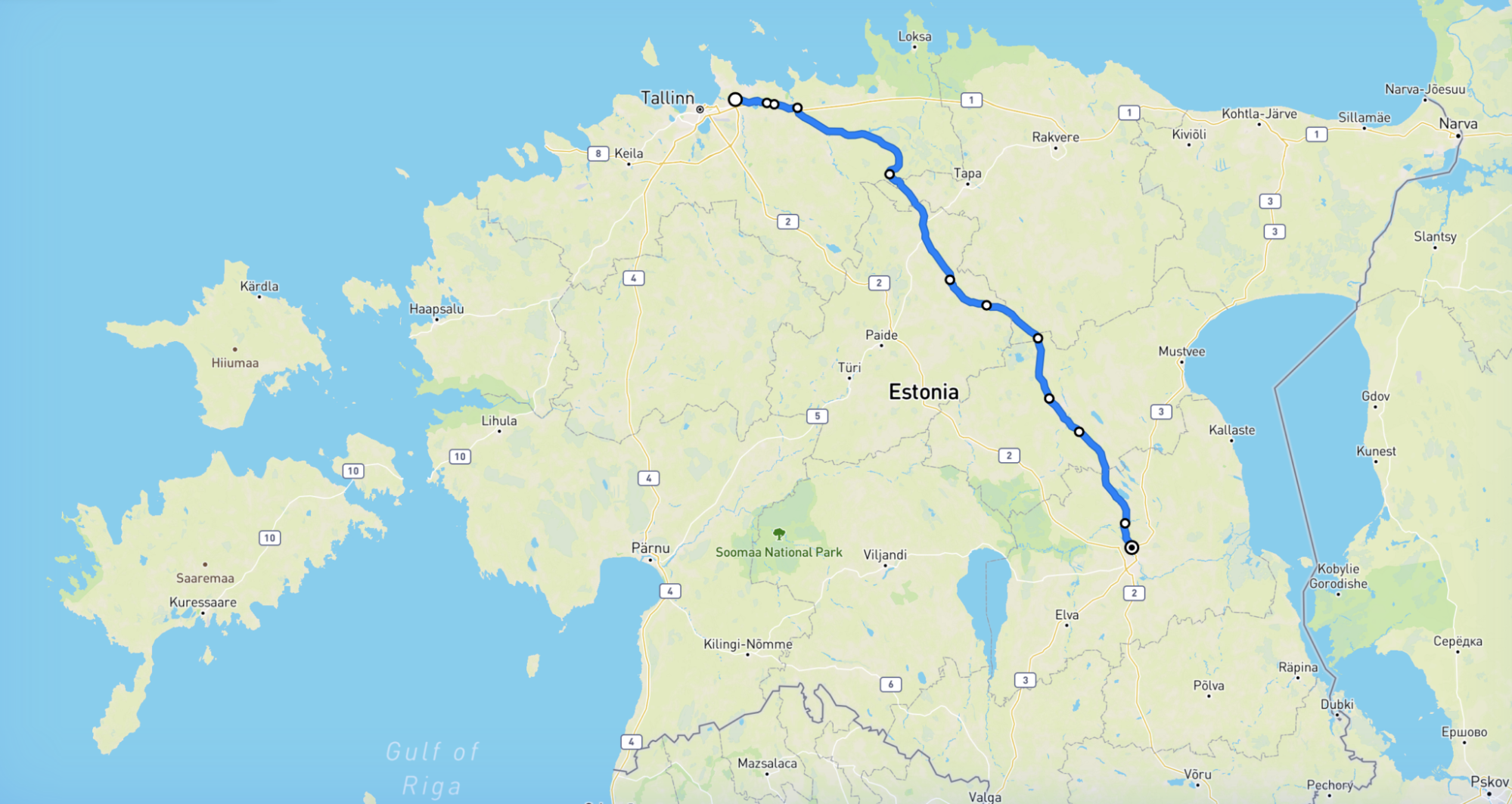 Map of the journey from Tallinn to Tartu on electric unicycle Gotway Monster Pro
